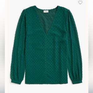 J.Crew Clip Dot V-Neck Blouse Green Size Medium Lined Long Sleeve Top